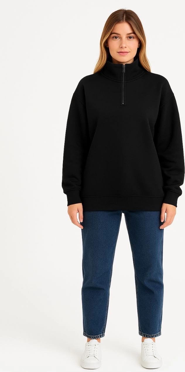 Novalisse Kadın 3 Iplik Pamuklu Dık Yaka Yarım Fermuarlı Sweatshirt - Siyah görsel 2