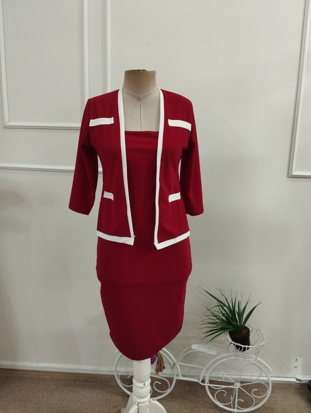 Trend Cojans Kadın Ip Askılı Midi Ithal Krep Elbise ve Düğmesiz Onu Açık Ithal Krep Ceket Ikili Takım görsel 4
