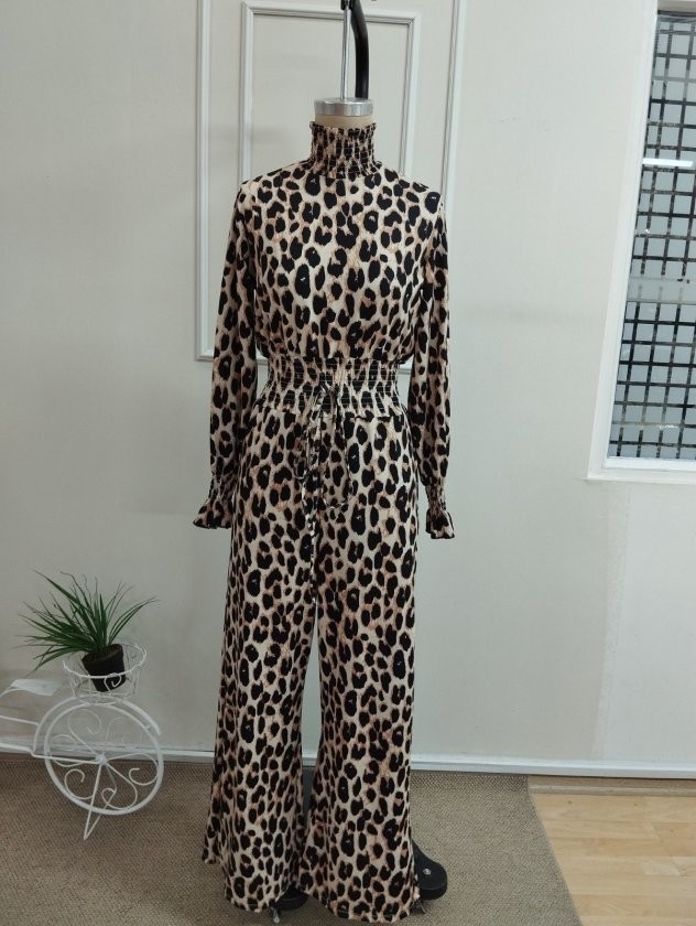 Trend Cojans Kadın Uzun Kollu Balıkçı Yaka Leopar Desenli Belden Bağcıklı Uzun Desenli Tulum görsel 4