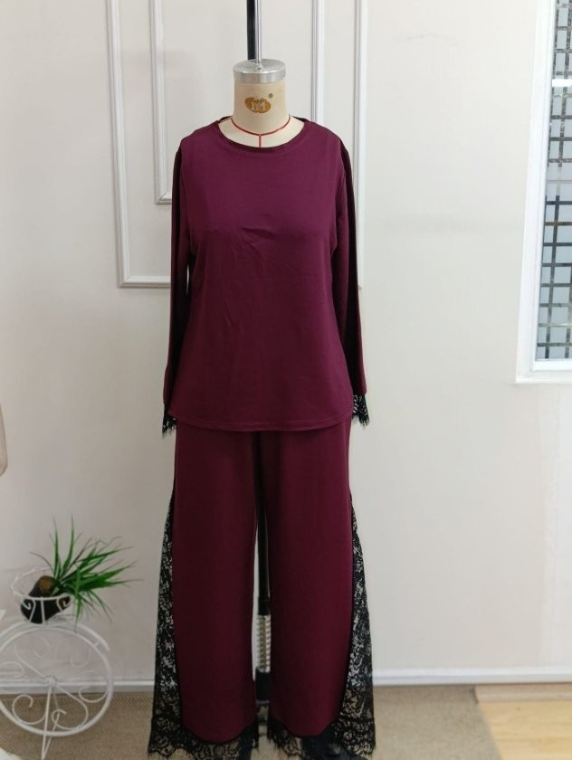 Trend Cojans Kadın Uzun Kollu Bisiklet Yakalı Dantel Detaylı Viskon Iki Iplik Bluz ve Pantolon Ikili Takım görsel 4
