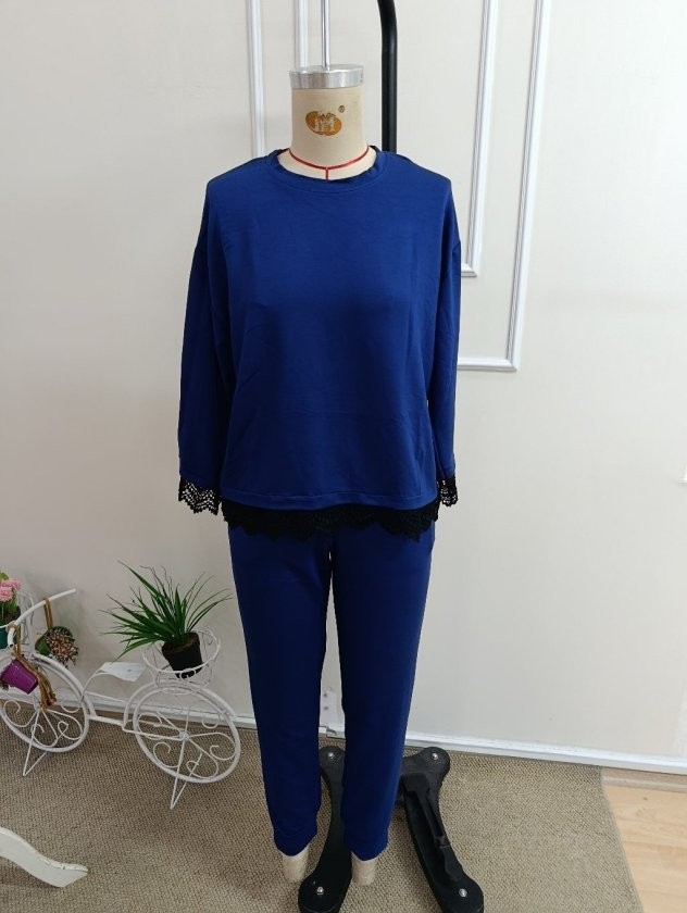 Trend Cojans Kadın Uzun Kollu Bisiklet Yakalı Dantelli Viskon Iki Iplik Bluz ve Pantolon Ikili Takım görsel 5