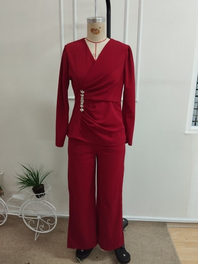 Trend Cojans Kadın Uzun Kollu Kruvaze Yakalı Yan Tarafı Taşlı Ithal Krep Bluz ve Pantolon Ikili Takım görsel 5