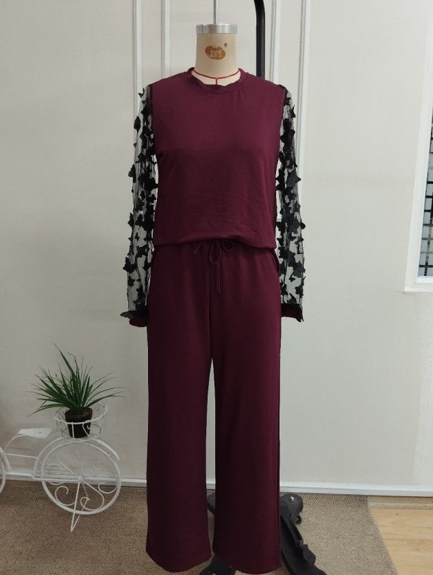 Trend Cojans Kadın Uzun Kollu Bisiklet Yakalı Kolları Tullu Viskon Iki Iplik Bluz ve Pantolon Ikili Takım görsel 4