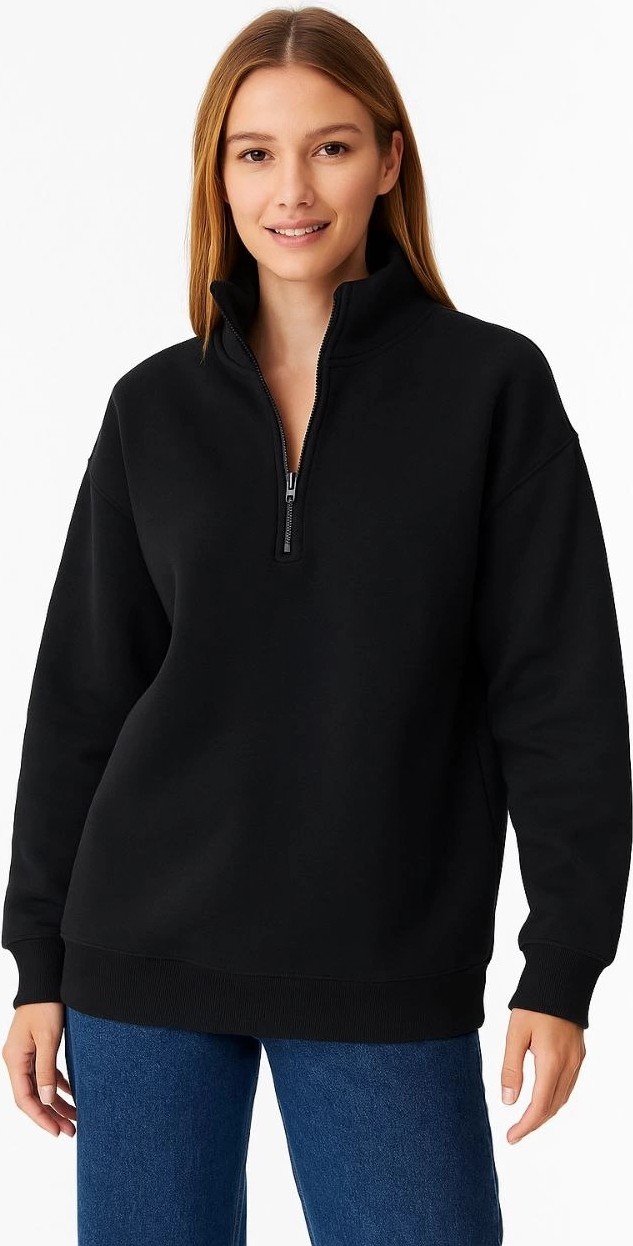 Asmedo Kadın 3 Iplik Pamuklu Dık Yaka Yarım Fermuarlı Sweatshirt - Siyah