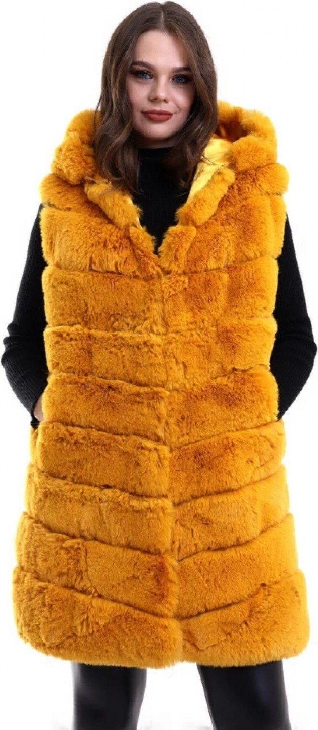 Marsilyan - Kapşonlu Peluş Kürk Yelek Premium Kalite, Tam Astarlı, Uzun Model - Sarı görsel 4