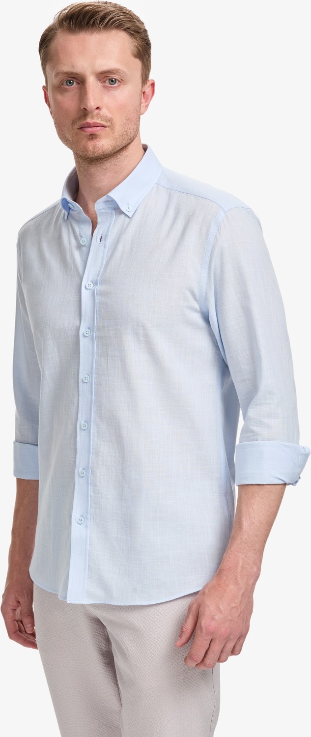 Pierre Cardin Erkek Koyu Lacivert %100 Pamuk Keten Görünümlü Slim Fit Uzun Kollu Gömlek 50325355-VR100 görsel 6