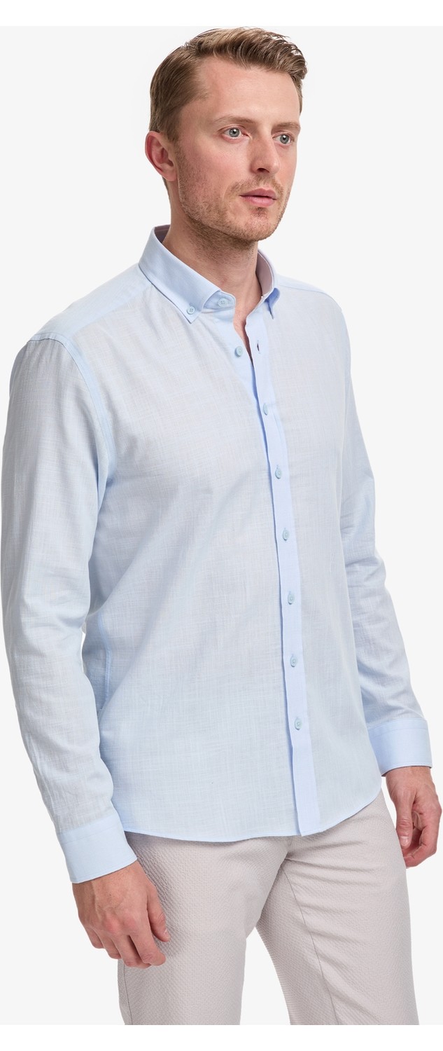 Pierre Cardin Erkek Koyu Lacivert %100 Pamuk Keten Görünümlü Slim Fit Uzun Kollu Gömlek 50325355-VR100 görsel 3