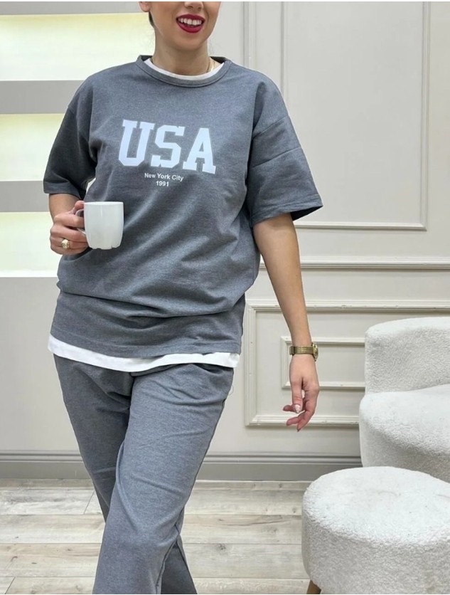 Punix Punıx Büyük Beden Battal Ter Tutmayan Usa Baskılı Kısa Kollu Yazlık Kadın Eşofman Takımı görsel 2