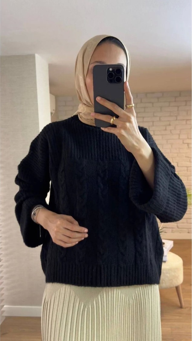 RFK Butik Kadın Sarmal Örgülü Siyah Triko Kazak - Siyah