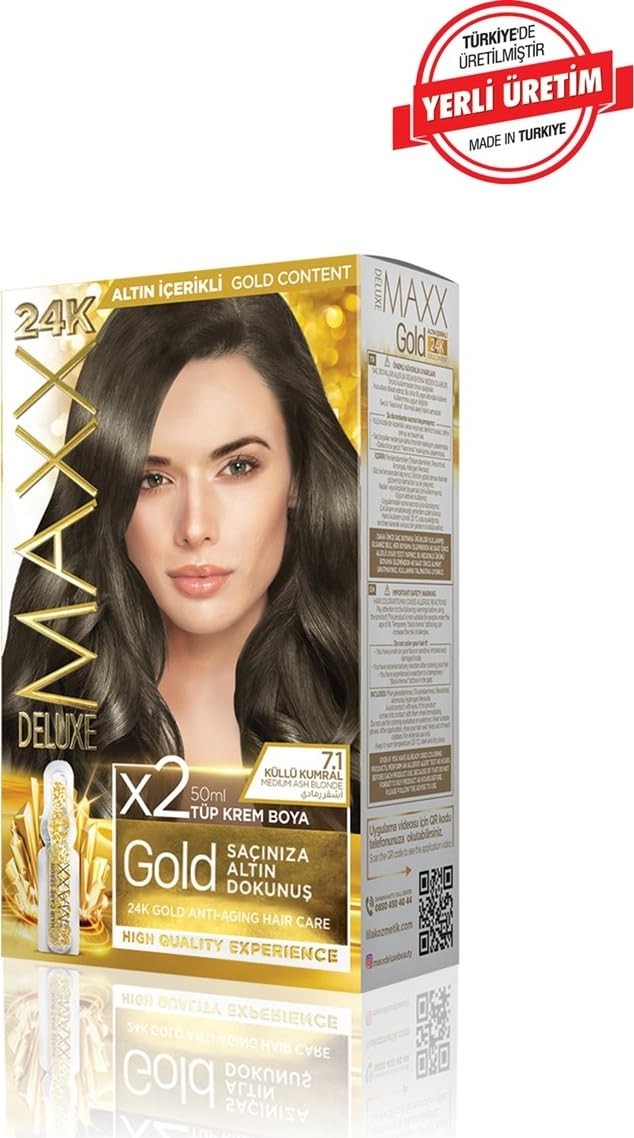 Aesco Maxx Deluxe Gold Serisi 24K Altın Parçacıklı Serum ile 1 Kutu 2 x 50 ml ve Geliştiriciler Saç Boyası (Küllü Kumral 7.1) görsel 3