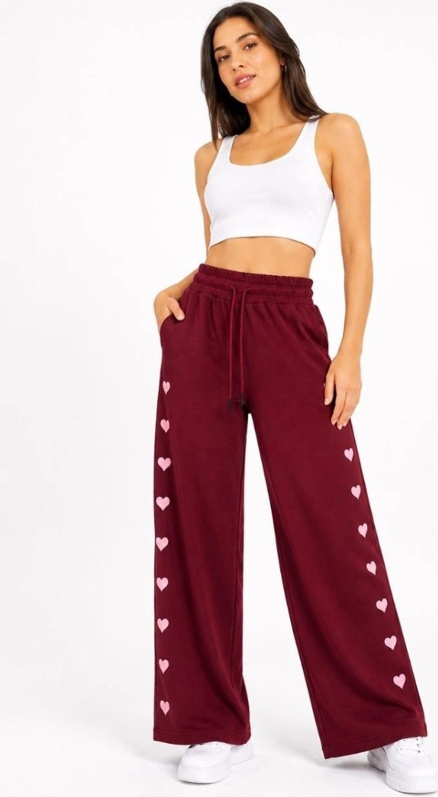 Kadın Osy Modal Yumuşak Dokulu Nakışlı Cepli Oversize Bol Paça Eşofman Altı - Bordo görsel 5