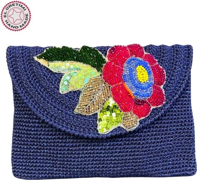 Uretti - Necla 1824 5631 El Yapımı Makrome Ip Çiçek Motifli Boncuk Işleme Detaylı Clutch Çanta / Lacivert