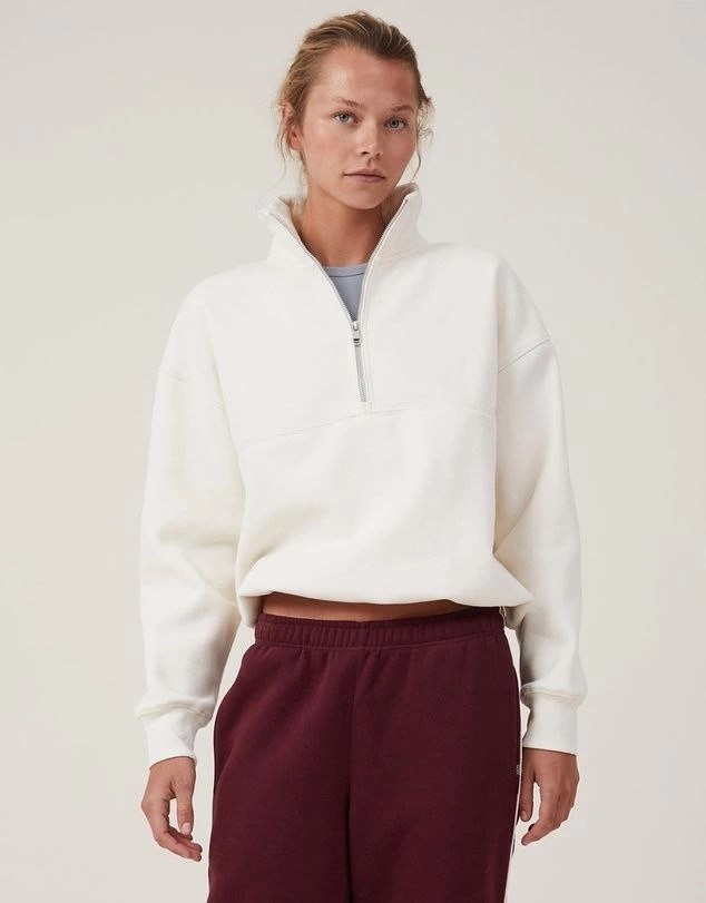 Tarz Yeri Kadın 3 Iplik Pamuklu Oversize Yarım Fermuarlı Yakalı Basic Sweatshirt - Beyaz