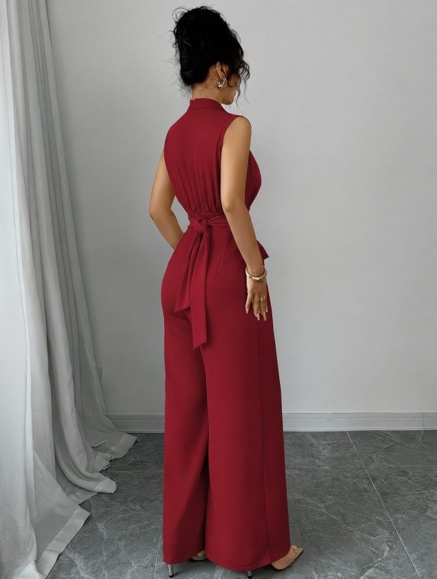 TeknoKapsül Kadın Balıkçı Yaka Kolsuz Incili Beli Kuşaklı Uzun Janjan Tulum - Kırmızı / 2xl-3xl görsel 3