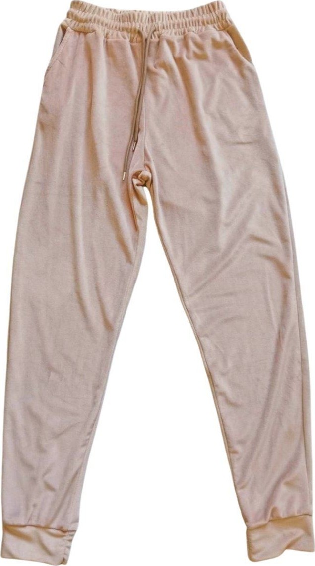 Kuzgun Ticaret Parlak Kadife Cepli Pantolon Eşofman Pijama Altı Unisex Lastikli Paça Bej