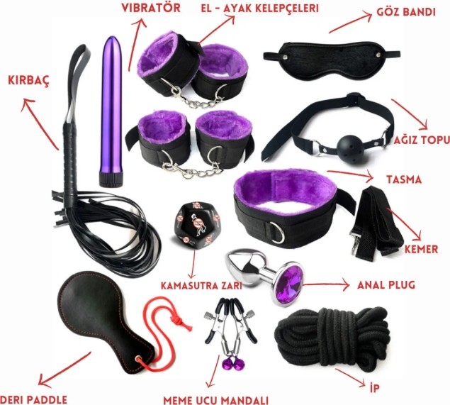 LOVEROSS Fantazi Çok Parçalı Deri Bdsm Kelepçe Kırbaç Dev Fantezi Seti | 13 Parça | Mor | Gizli Ürün