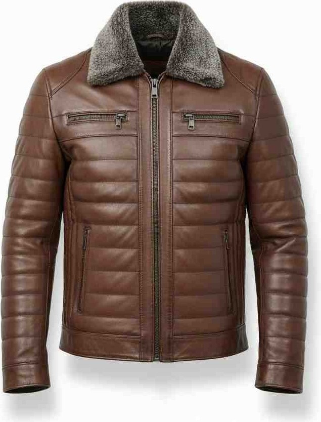 Moda Erkek Kahverengi Yakası Kürklü Fermuarlı Içi Astarlı Hakiki Deri Mont Ceket görsel 5