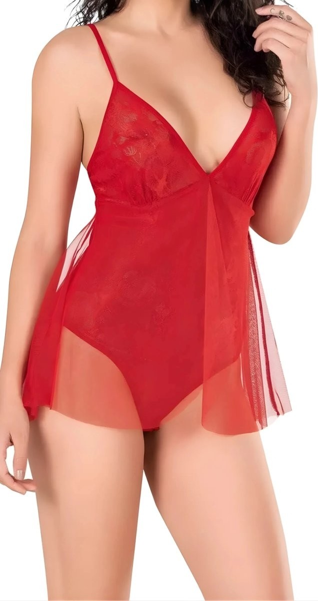 Çamaşır Kenti Kırmızı Jakarlı Bodysuit Gecelik Zarif Kadın Gece Elbisesi