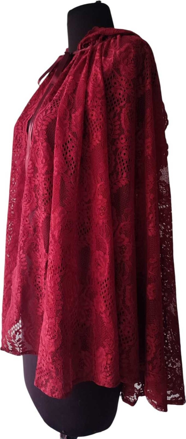 Moda Nur Pelerin, Kapşonlu Pelerin, Bordo Renk , Desenli Tül Gelin Pelerin. 85 cm görsel 2