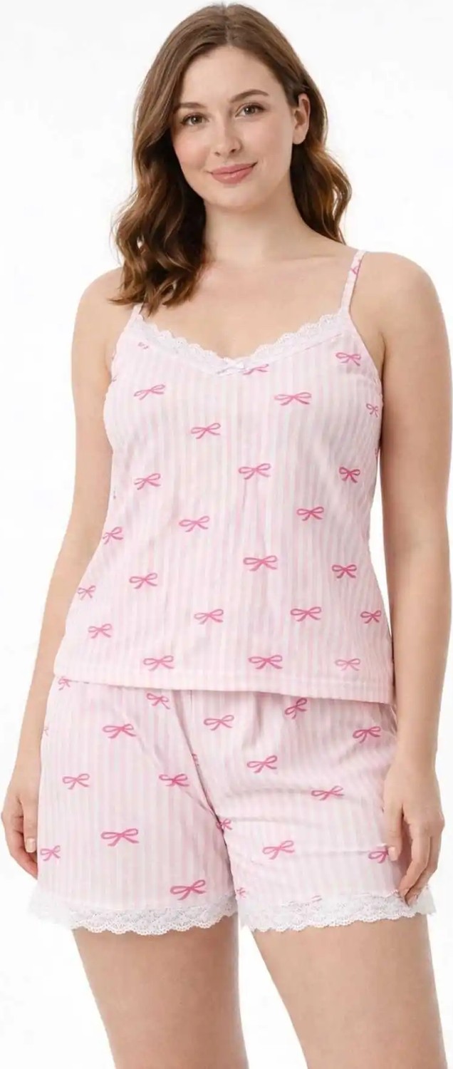 Tenra Kadın Kırmızı Ekose Ip Askılı Şortlu Pijama Takımı Dantel Detaylı