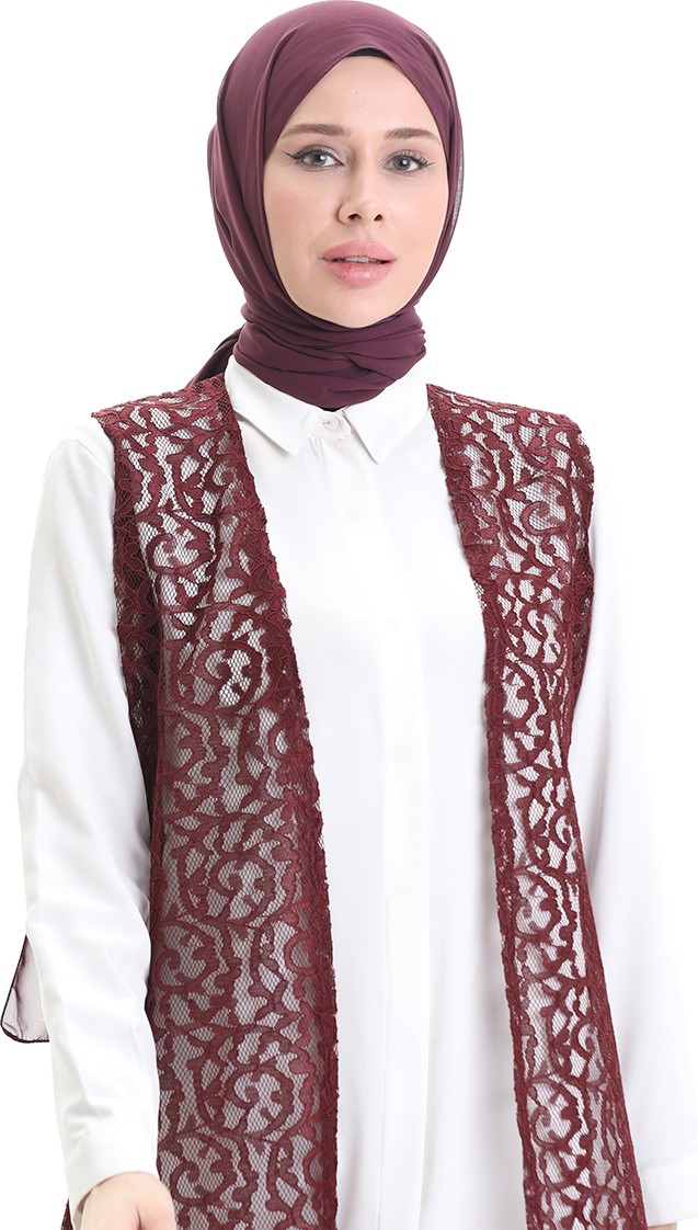 Sefa Merve Dantelli Uzun Yelek 8742-04 Bordo görsel 3