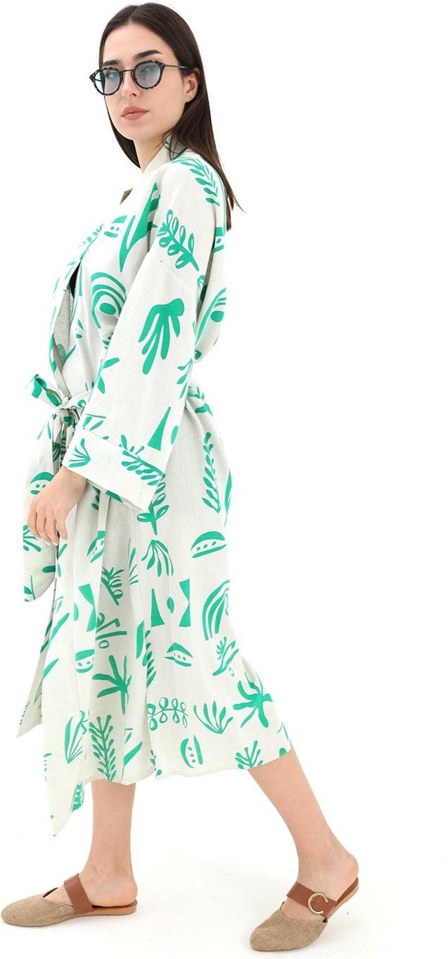 Isawella Baskılı Keten Kimono - Yeşil görsel 5