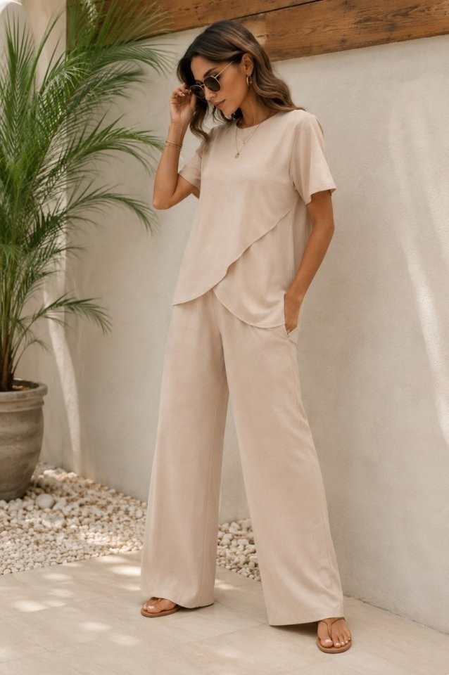 TeknoKapsül Kadın Kısa Kollu Bisiklet Yaka Asimetrik Kesim Detaylı Bürümcük Bluz ve Pantolon Ikili Takım - Bej / 2xl-3xl görsel 2
