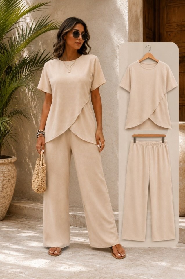 TeknoKapsül Kadın Kısa Kollu Bisiklet Yaka Asimetrik Kesim Detaylı Bürümcük Bluz ve Pantolon Ikili Takım - Bej / 2xl-3xl görsel 3