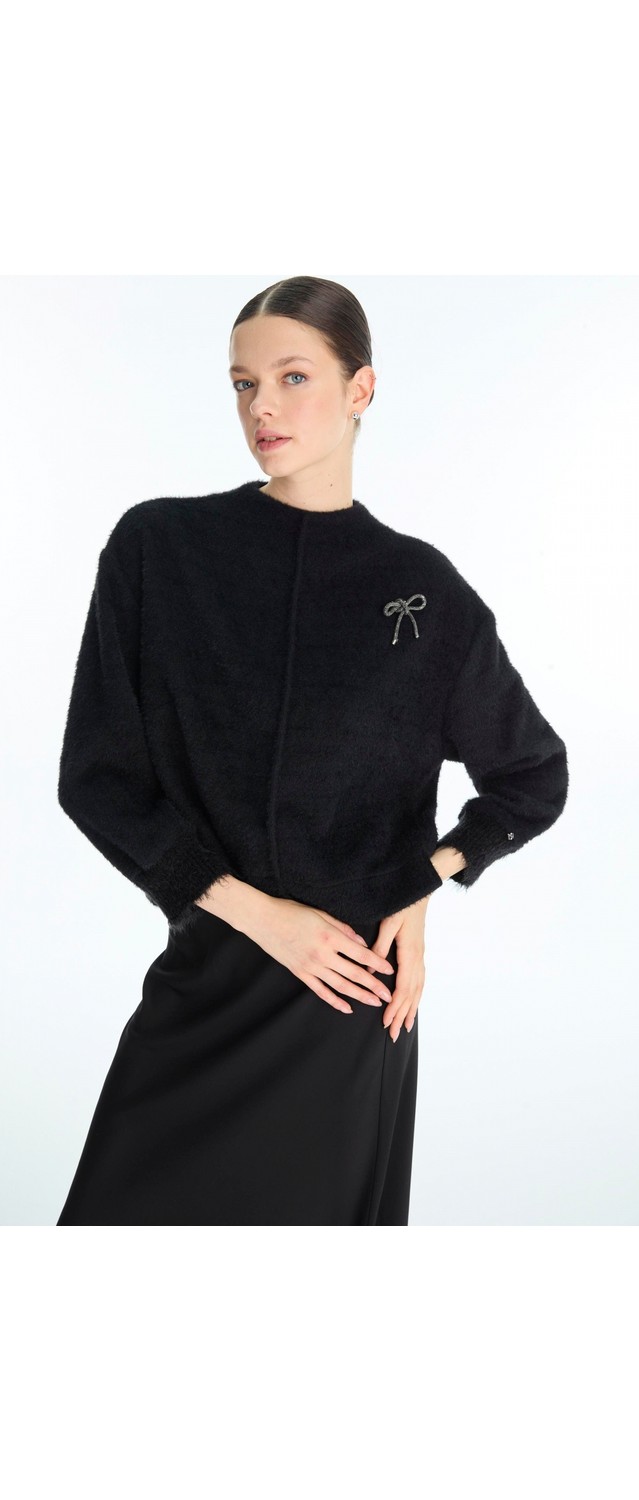 Zühre Fiyonk Broş Detaylı Triko Bluz Ekru Bluz 0138 görsel 4