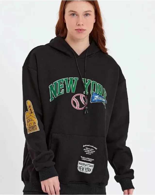 Baskılı Kapüşonlu Sweatshirt - Siyah