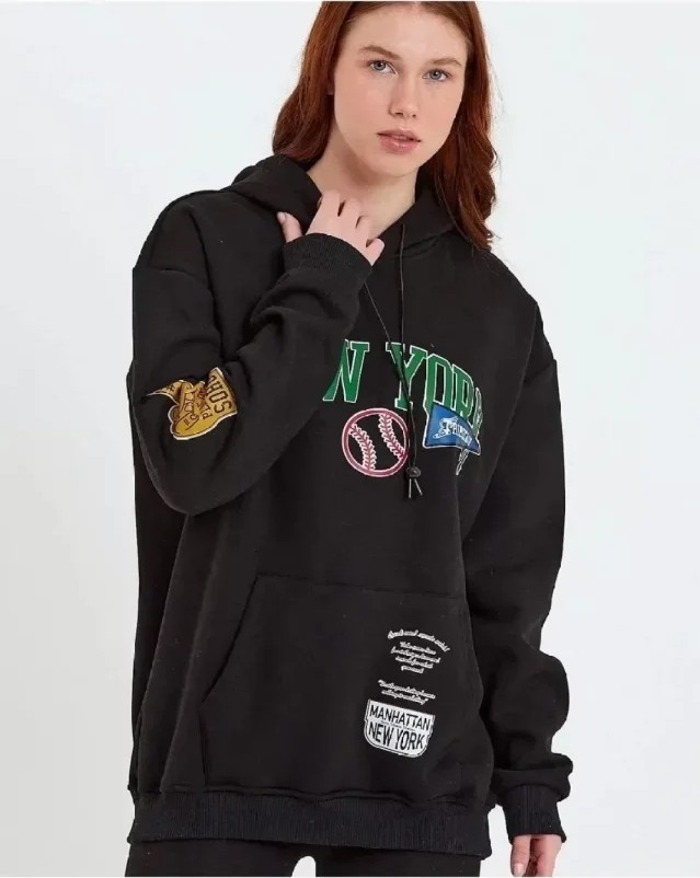 Baskılı Kapüşonlu Sweatshirt - Siyah görsel 2