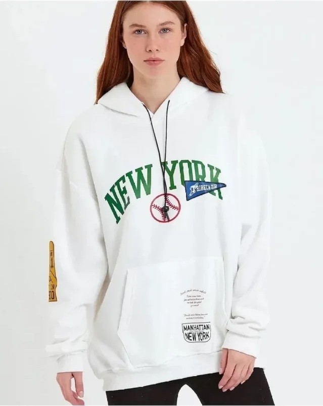 Baskılı Kapüşonlu Sweatshirt - Beyaz