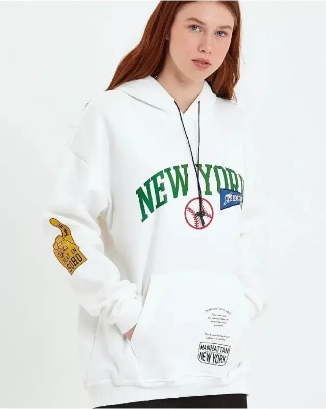 Baskılı Kapüşonlu Sweatshirt - Beyaz görsel 2