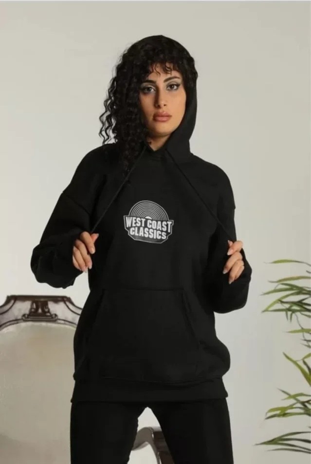 Unisex Sırt Baskılı Kapüşonlu Üç Iplik Oversize Sweatshirt - Siyah