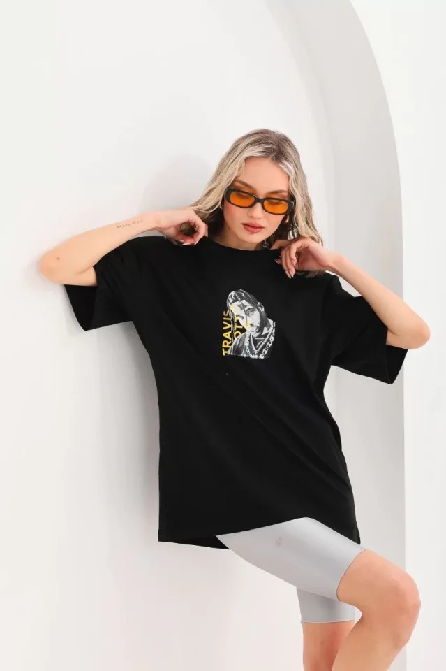 Stock Mount Unisex Baskılı Oversize T-Shirt - Siyah görsel 4