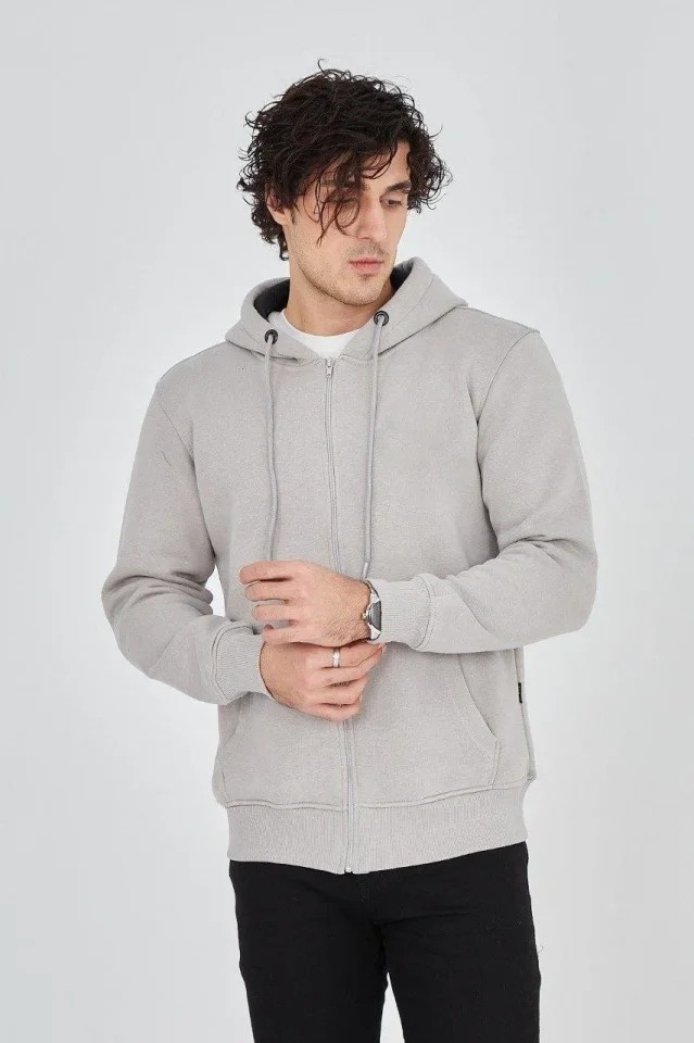 Hobilinka Erkek Kapüşonlu Düz Fermuarlı Hırka - Boyalı Gri