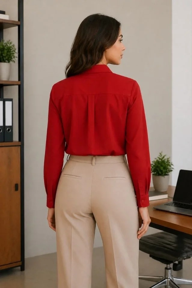 Alyn Wear Uzun Kol Gömlek Düğmeli Klasik Yaka Günlük ve Ofis Şıklığına Uygun - Kırmızı görsel 3