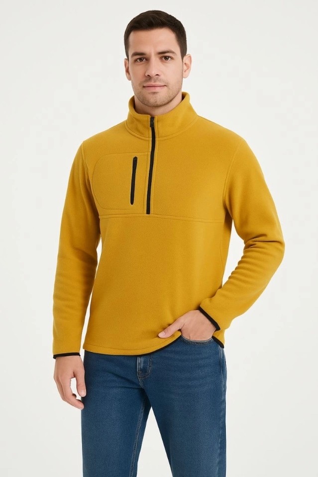 Beruflic Erkek Polar Kazak, Dik Yaka, Yarım Fermuarlı, Fermuarlı Göğüs Cepli, Siyah Biyeli, Kışlık Rahat Regular Fit Günlük Model görsel 4