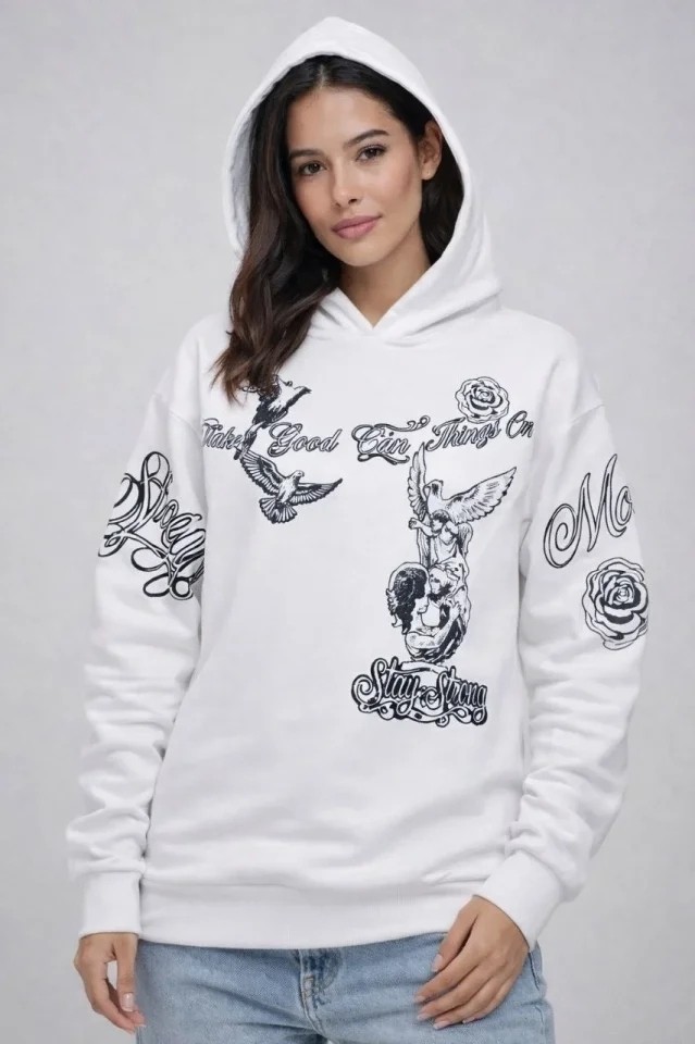 Beruflic 3 Iplik Pamuklu Kapüşonlu Baskılı Sweatshirt Hoodie görsel 3
