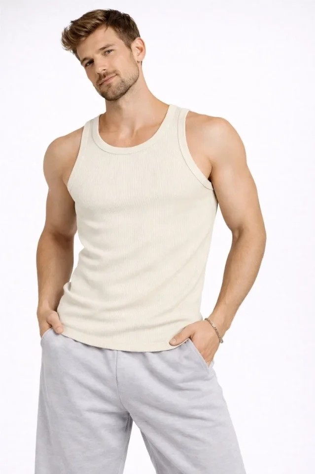 Demir Grup cc Erkek Fitilli Atlet Sıfır Yaka Slim Fit Arka Baskılı Spor Atlet - Krem görsel 7