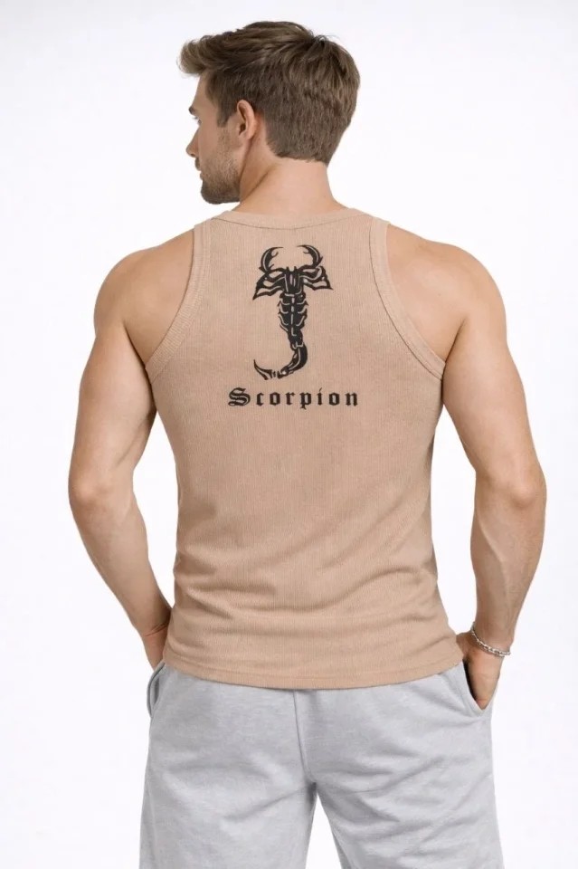 Demir Grup cc Erkek Fitilli Atlet Sıfır Yaka Slim Fit Arka Baskılı Spor Atlet - Bej