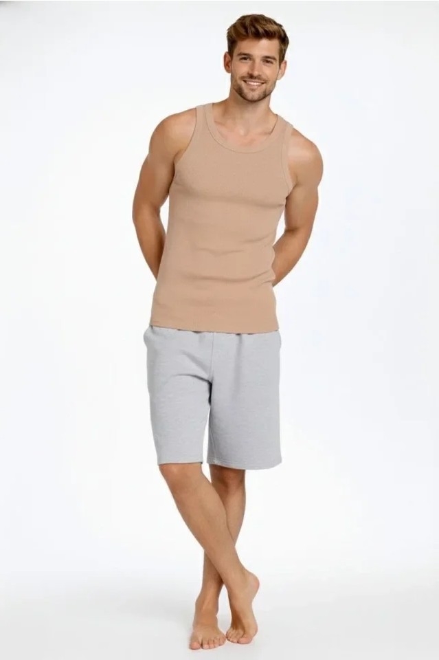 Demir Grup cc Erkek Fitilli Atlet Sıfır Yaka Slim Fit Arka Baskılı Spor Atlet - Bej görsel 2
