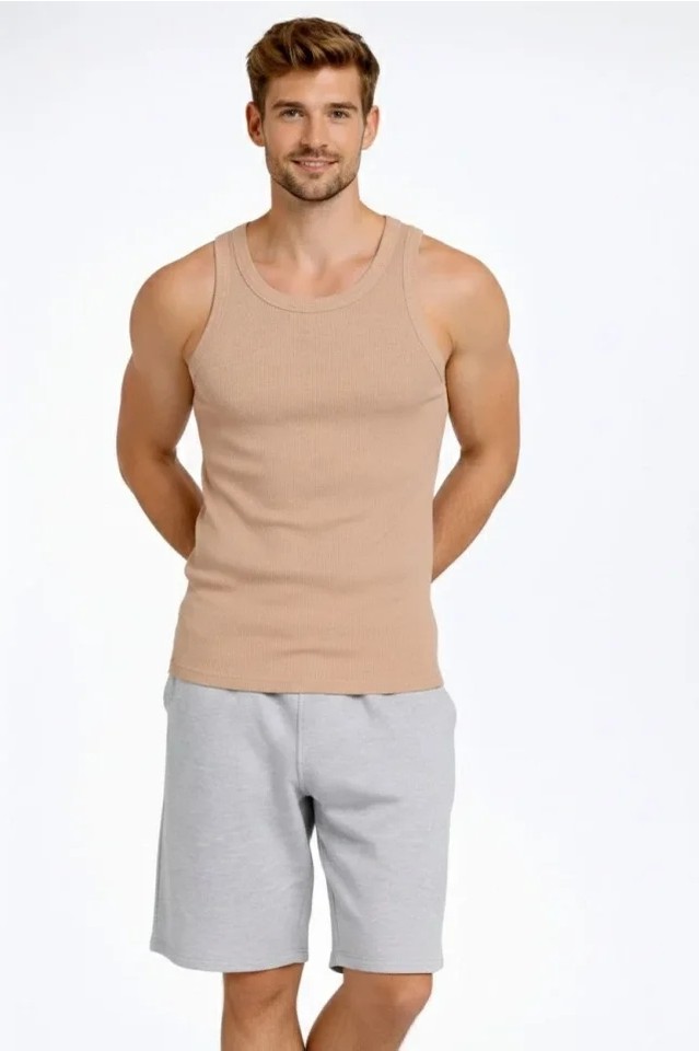 Demir Grup cc Erkek Fitilli Atlet Sıfır Yaka Slim Fit Arka Baskılı Spor Atlet - Bej görsel 4