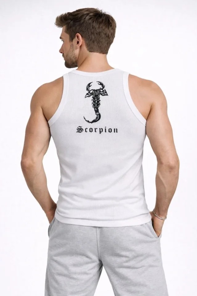 Demir Grup cc Erkek Fitilli Atlet Sıfır Yaka Slim Fit Arka Baskılı Spor Atlet - Beyaz görsel 2