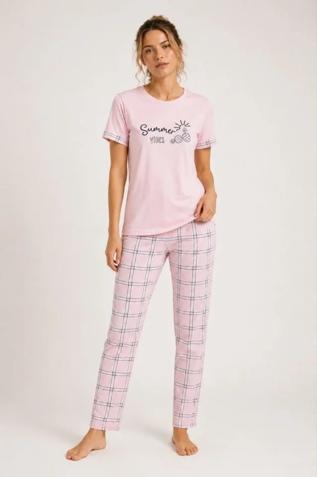 Trend Cojans Pamuklu Penye Summer Baskılı Kısa Kollu Pijama Takımı Ekose Desenli - Pembe görsel 3