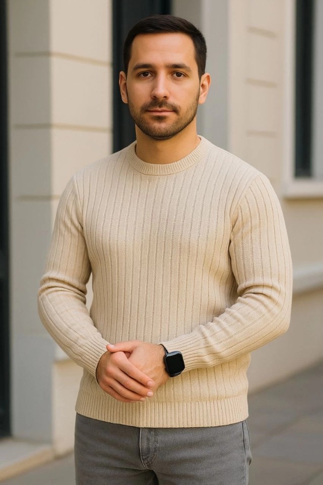 Adisia Erkek Bisiklet Yuvarlak Yaka Triko Kazak Pamuklu Kalın Fitilli Dokuma, Regular Fit Uzun Kollu Kışlık Model - Bej