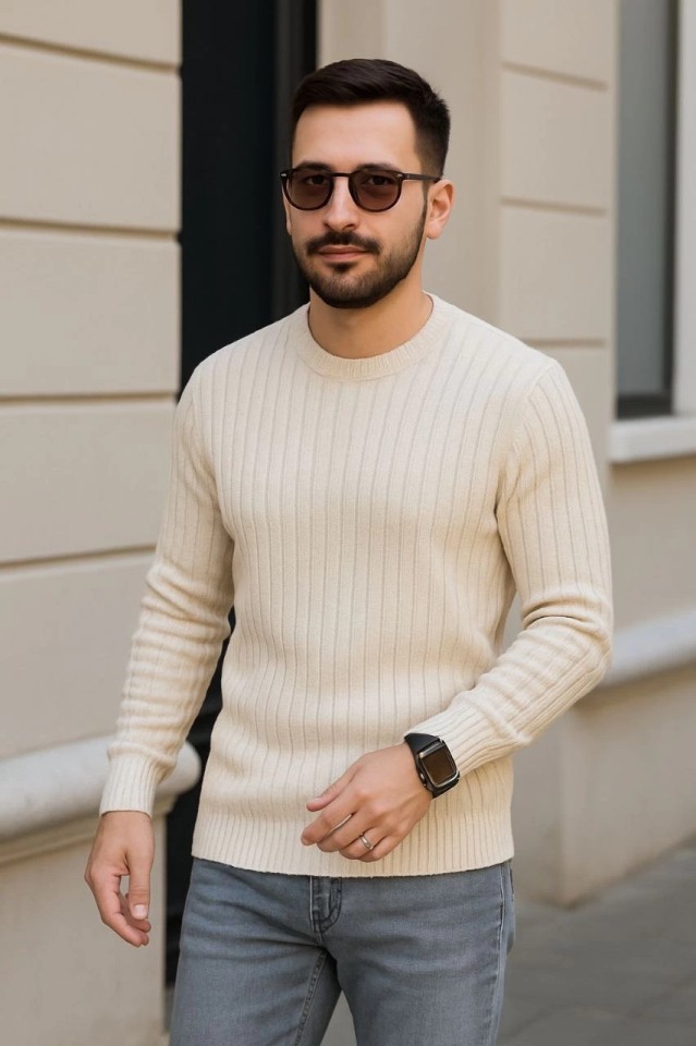 Adisia Erkek Bisiklet Yuvarlak Yaka Triko Kazak Pamuklu Kalın Fitilli Dokuma, Regular Fit Uzun Kollu Kışlık Model - Bej görsel 2