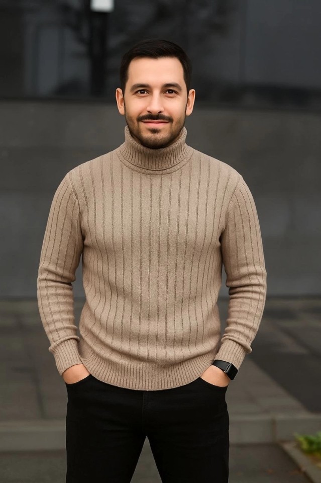 Adisia Erkek Balıkcı Yaka Boğazlı Triko Kazak Pamuklu Kalın Fitilli Dokuma, Regular Fit Uzun Kollu Kışlık Model - Bej