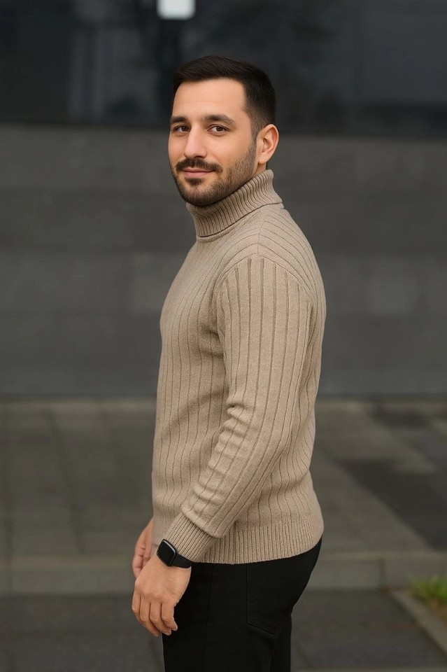 Adisia Erkek Balıkcı Yaka Boğazlı Triko Kazak Pamuklu Kalın Fitilli Dokuma, Regular Fit Uzun Kollu Kışlık Model - Bej görsel 3