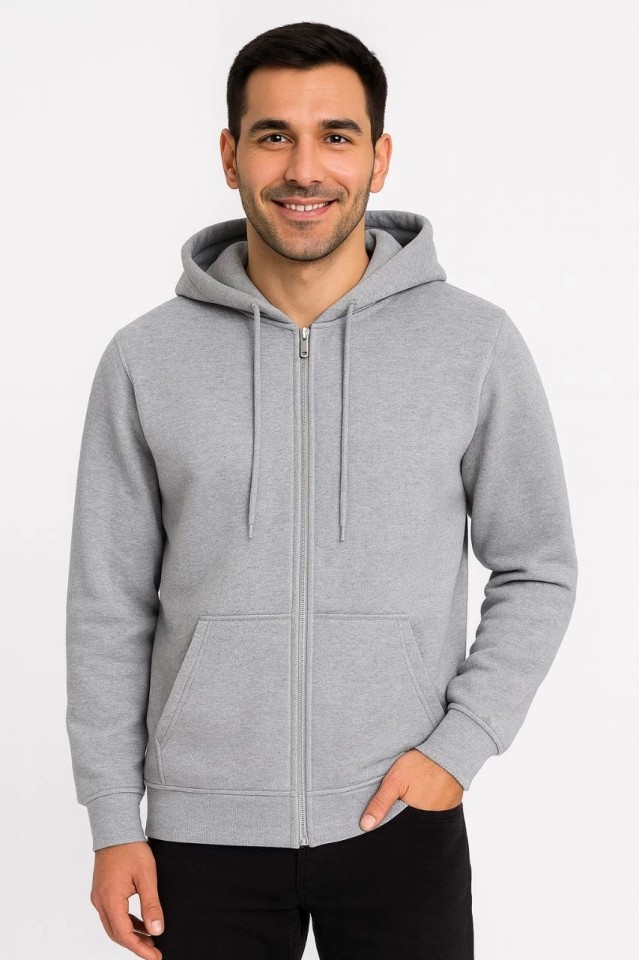 Adisia Erkek Üç Iplik Kapüşonlu Tam Fermuarlı Kanguru Çepli Sweatshirt Hoodie - Gri
